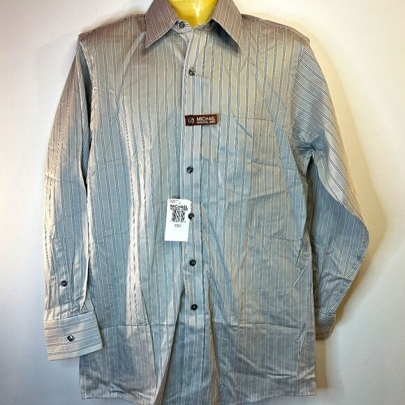 Michael Kors Men's Grey Striped Cotton Dress Shirt - Size Medium 15 32/33 - NWT - Picture 1 of 5